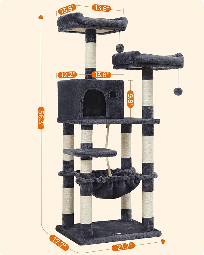 FEANDREA Cat Tree, Cat Tower for Indoor Cats, 56.3-Inch Cat Condo with Scratching Posts, Hammock, Plush Perch, Smoky Gray UPCT15GYZ