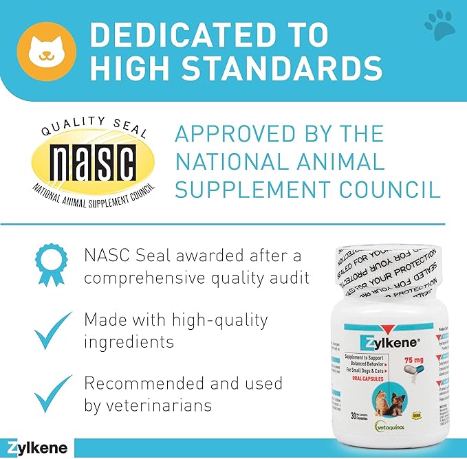 Vetoquinol Zylkene Calming Support Supplement for Small Dogs and Cats, Helps Promote Relaxation and Reduce External Stress Factors, Daily Behavioral Support and Anxiety Relief for Dogs and Cats, 75mg