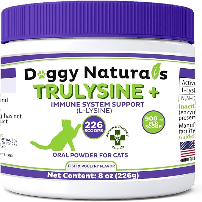 Trulysine Plus L-Lysine for Cats Immune Support Oral Powder 8oz/226g - Cats & Kittens of All Age, Sneezing, Runny Nose Squinting, Watery Eyes-Fish & Poultry Flavor (U.S.A)(225 Grams (900mg / Scoop))