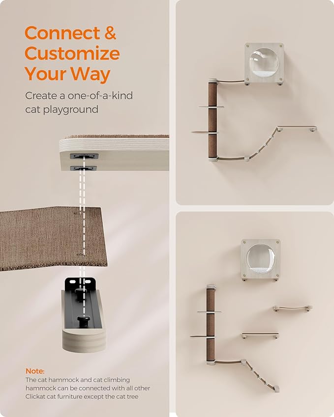 Feandrea Clickat Oasis - Cat Wall Furniture, Set of 5, Cat Wall Shelf, Wall-Mounted Cat Hammock, Scratching Post, Cave, Extremely Quick Assembly, Unlimited Expandability, Replaceable Module and Parts