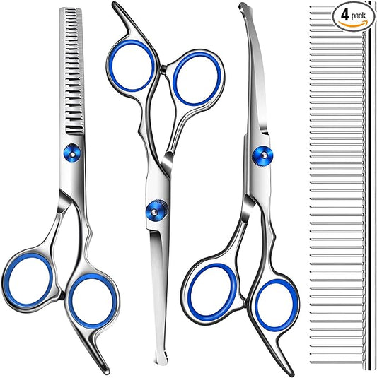 Dog Scissors for Grooming with Safety Round Tip,Professional Dog Grooming Kit,Dog Hair Shears Set,Incude Thinning、 Curved、Straight Scissors and Comb.Suitable for The Right Hand