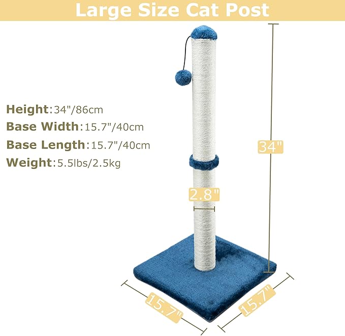 Tall Cat Scratching Post 34” Basic Vertical Scratcher for Indoor Cats and Kittens, Cat Scratch with Sturdy Sisal Rope and Hanging Ball, Large Heavy Plush Base (Blue)
