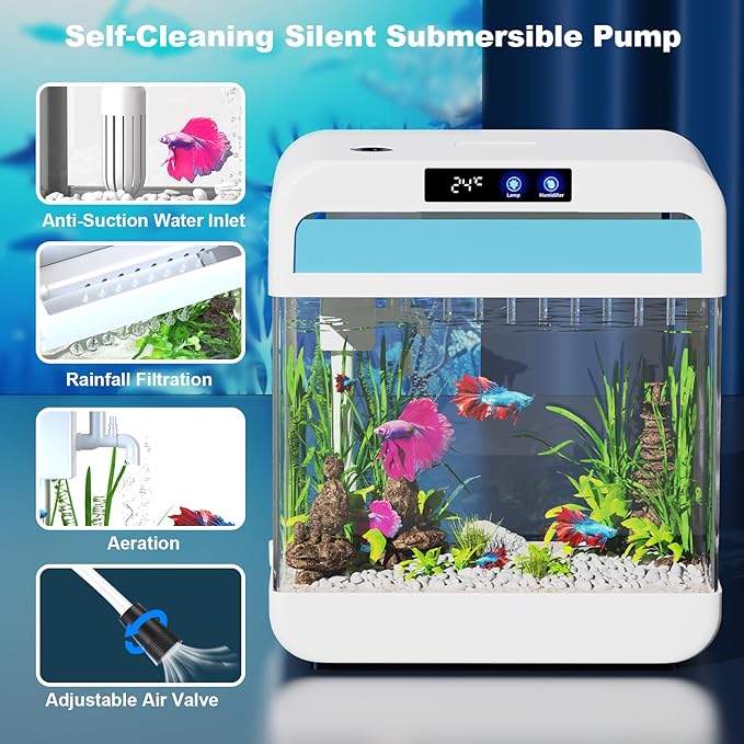 Fish Tank Aquarium 2.2 Gallon with Humidifier 7 Color Looping Light with Timer Self-Cleaning 3 in 1 Water Pump with Filteration & Oxygenation & Circulation, Temperature Display, HD Heat Bending Glass