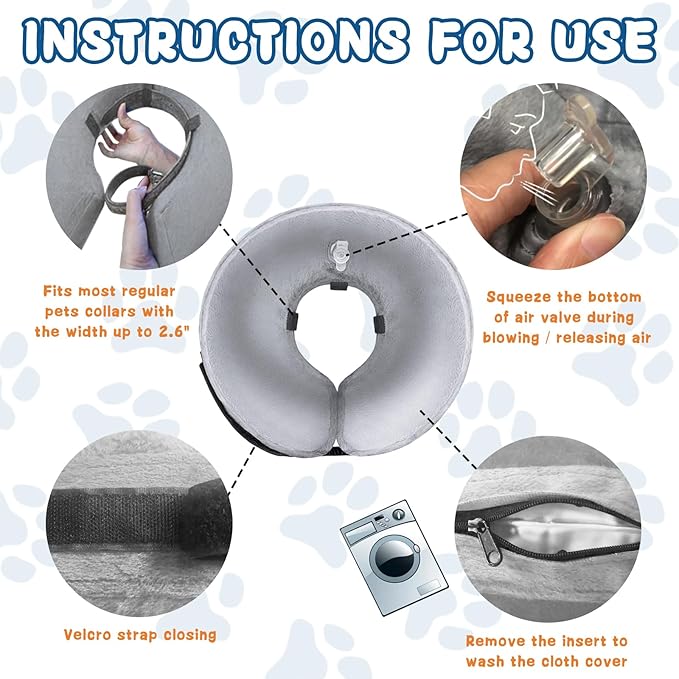 Inflatable Dog Cone Collar (M Size), Soft Blow-up Protective Recovery Dog Collar, Pet Donut Cone Collar, Comfy Elizabethan Collar After Surgery for Medium Dog to Prevent Biting Scratching, Grey