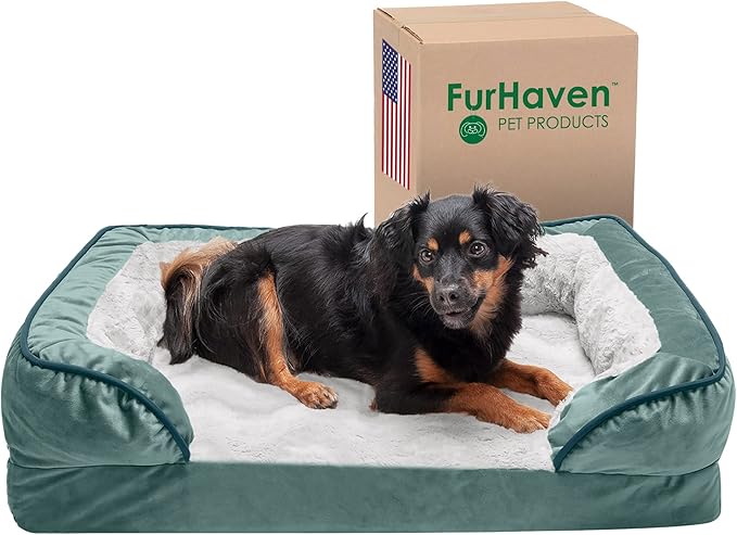 Furhaven Cooling Gel Dog Bed for Medium/Small Dogs w/ Removable Bolsters & Washable Cover, For Dogs Up to 35 lbs - Plush & Velvet Waves Perfect Comfort Sofa - Celadon Green, Medium