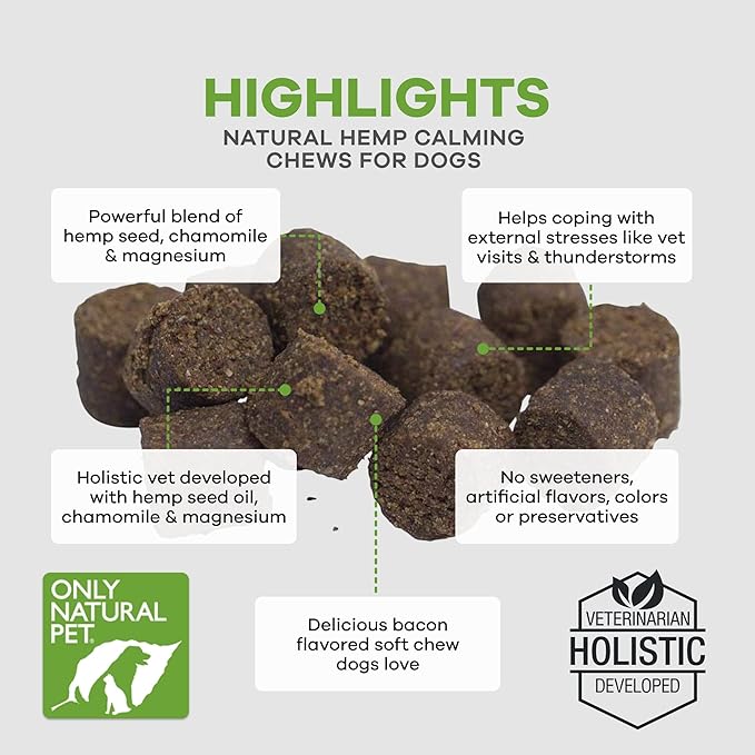 Only Natural Pet - Natural Hemp Soft Chew Bites for Dog Stress & Anxiety Relief - L-Theanine, Chamomile & Lemon Balm - Hemp Oil Calming Chews for Dogs - 60 Count