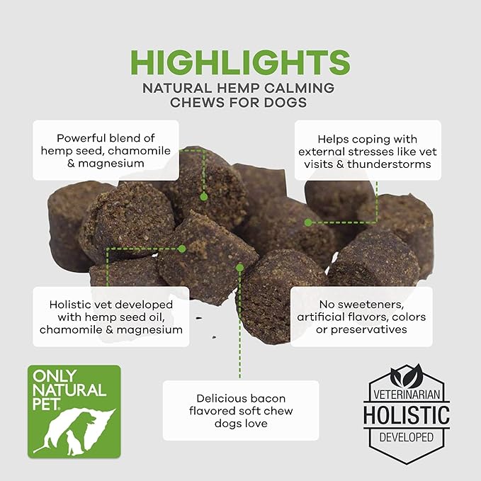 Only Natural Pet - Natural Hemp Soft Chew Bites for Dog Stress & Anxiety Relief - L-Theanine, Chamomile & Lemon Balm - Hemp Oil Calming Chews for Dogs - 120 Count