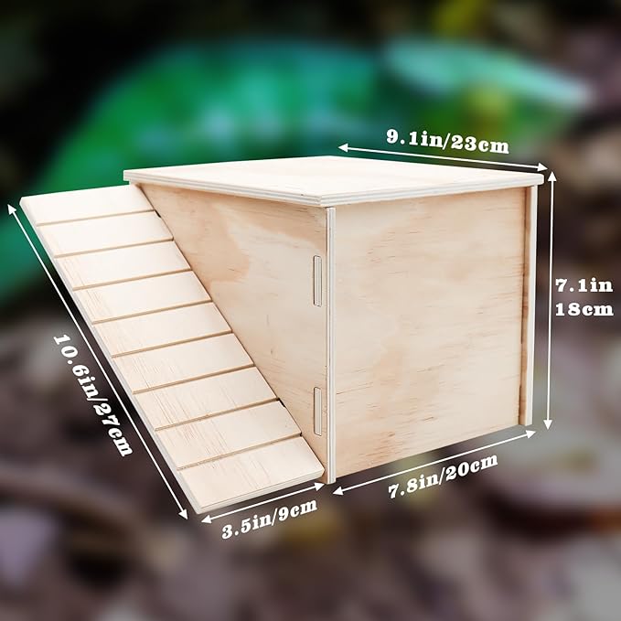 Large Bearded Dragon Hide Cave, Wooden Lizard Hideout with Climbing Ramp, Reptile Habitat with Basking Platform, Tank Accessories for Bearded Dragon Lizard Chameleon Hamster 11.3 x 9.1 x 7.1 Inch