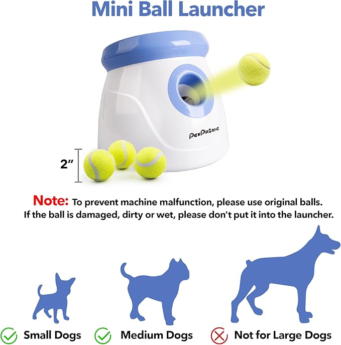 PetPrime Dog Automatic Ball Launcher Dog Interactive Toy Dog Fetch Toy Pet 2'' Thrower Throwing Game 3 Tennis Balls Tennis Mini Size Ball Launcher for Dogs Included Launch Distance 10-30ft