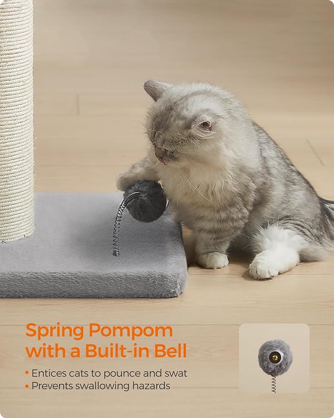 Feandrea Cat Scratching Post, 33.5-Inch Tall Cat Scratcher for Medium and Large Cats, Sisal Scratch Pole, Spring Pompom with Built-in Bell, Dove Gray UPCA041G01