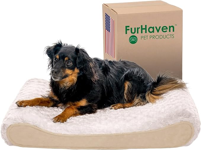 Furhaven Orthopedic Dog Bed for Medium/Small Dogs w/ Removable Washable Cover, For Dogs Up to 23 lbs - Ultra Plush Faux Fur & Suede Luxe Lounger Contour Mattress - Cream, Medium