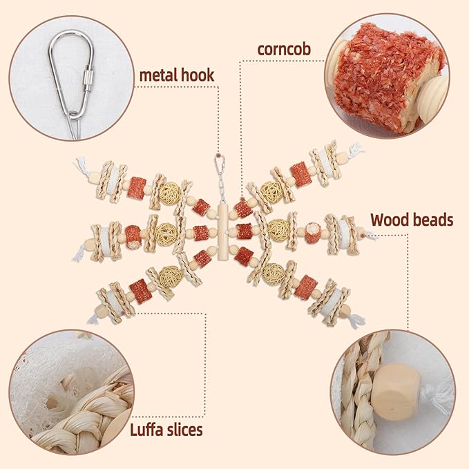 Bird Toys That is 17.5 Inches in Length, Parrot Toy Designed for Chewing Features Natural Corn cob and Loofah Slices, Can Be Hung in Large and Medium-Sized Parrot Cages