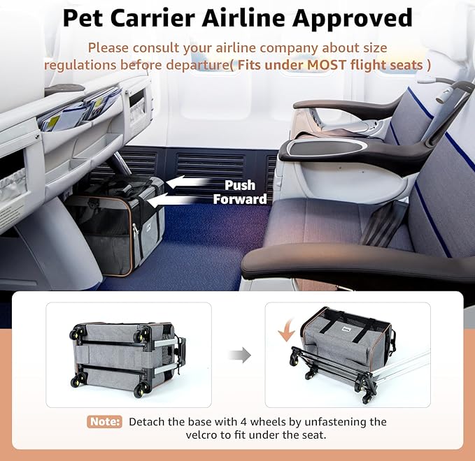 Lekereise Cat Carrier with Wheels for Small Pet, Airline Approved Dog Carrier with Wheels, Rolling Dog Cat Carrier, Grey