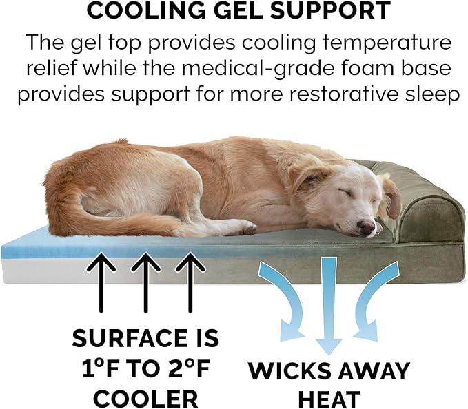 Furhaven Cooling Gel Dog Bed for Large Dogs w/ Removable Bolsters & Washable Cover, For Dogs Up to 95 lbs - Faux Fur & Velvet Sofa - Dark Sage, Jumbo/XL