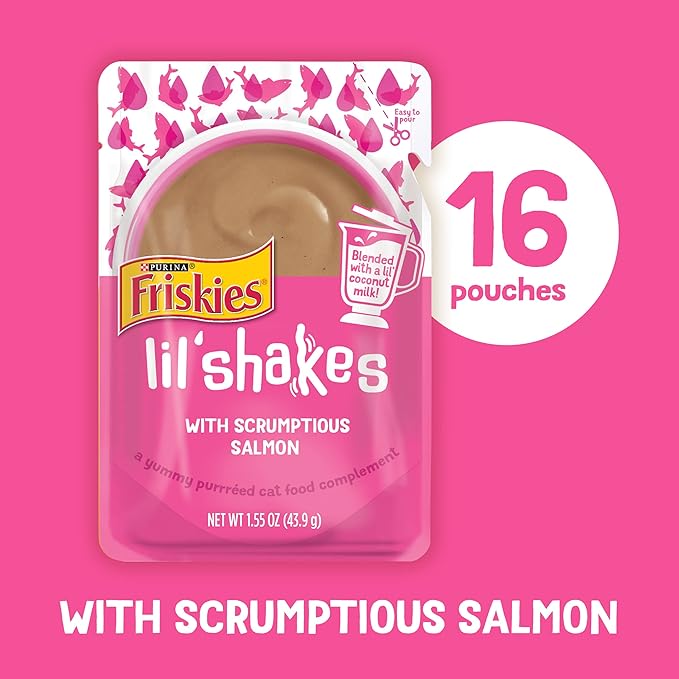 Purina Friskies Pureed Cat Food Topper, Lil’ Shakes With Scrumptious Salmon Lickable Cat Treats - (Pack of 16) 1.55 oz. Pouches