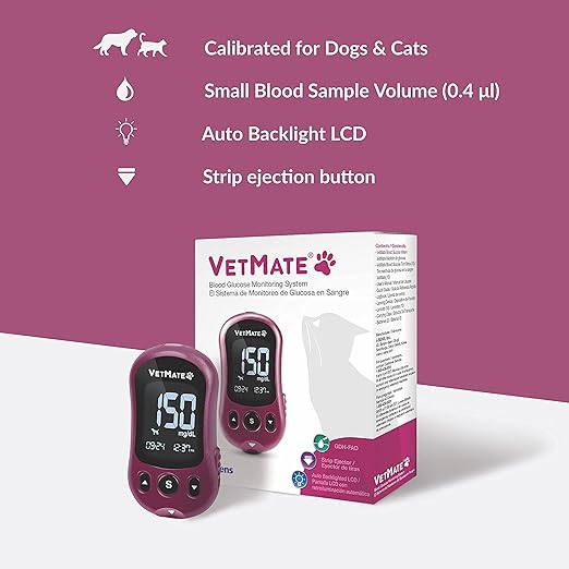 Dogs/Cats Diabetes Monitoring Starter KIT (Auto-Coding) - 1 Pet Blood Glucose Meter, 10 Test Strips, 1 Lancing Device, 10 Lancets, 1 Control Solution – Calibrated for Dogs and Cats