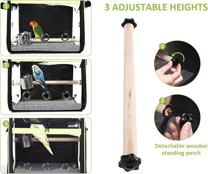 Pecute Bird Carrier Backpack, Parrots Bird Backpack with Visible Window, Adjustable Height Standing Perch, Feeding Cans, Waterproof Pads, Lightweight Foldable Birds Travel Cage for Hiking Camping