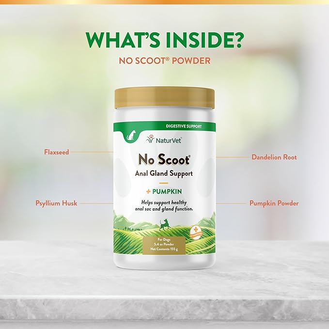 NaturVet - No Scoot for Dogs - Plus Pumpkin - Supports Healthy Anal Gland & Bowel Function - Enhanced with Beet Pulp & Psyllium Husk (5.4oz Powder)