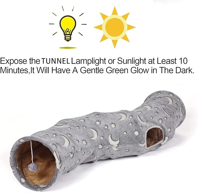 LUCKITTY Cat Tunnel Tube with Plush Ball Toys Collapsible Self-Luminous Photoluminescence, for Small Pets Bunny Rabbits, Kittens, Ferrets,Puppy and Dogs Grey Moon Star (S-Shape)