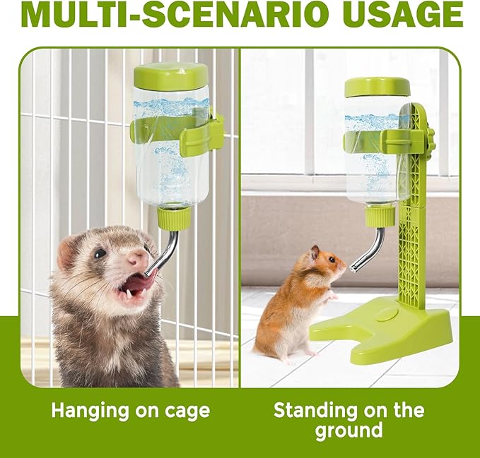 Pet Standing Water Dispenser Top Fill Dog Water Bottle Dispenser with Stand Leakproof Pet Slow Water Bottle for Small Animals, 13oz, BPA Free, Adjustable Height, Green