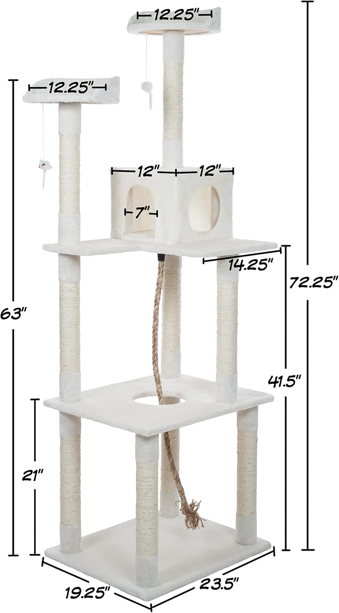 Cat Tree - 6-Foot Cat Tower for Indoor Cats with Napping Perches, Kitty Condo, 9 Cat Scratching Posts, 2 Hanging Toys, and Rope by PETMAKER (Ivory)