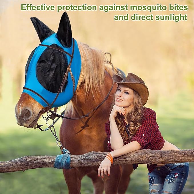 3 Pcs Horse Fly Mask-Fly Masks for Horses with Ears, Breathable Elastic Fabric for Sun Protection for Large/Medium Size Adult Horses (Blue-Black-Gray, Large)