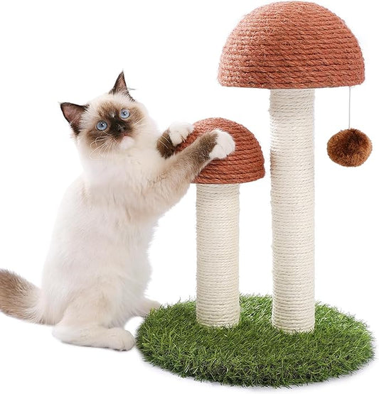 PETEPELA Cat Scratching Post, Mushroom Tall Cat Scratcher Featuring with Natural Sisal Scratching Poles and Interactive Toy Ball for Kittens and Small Cats (Brown)