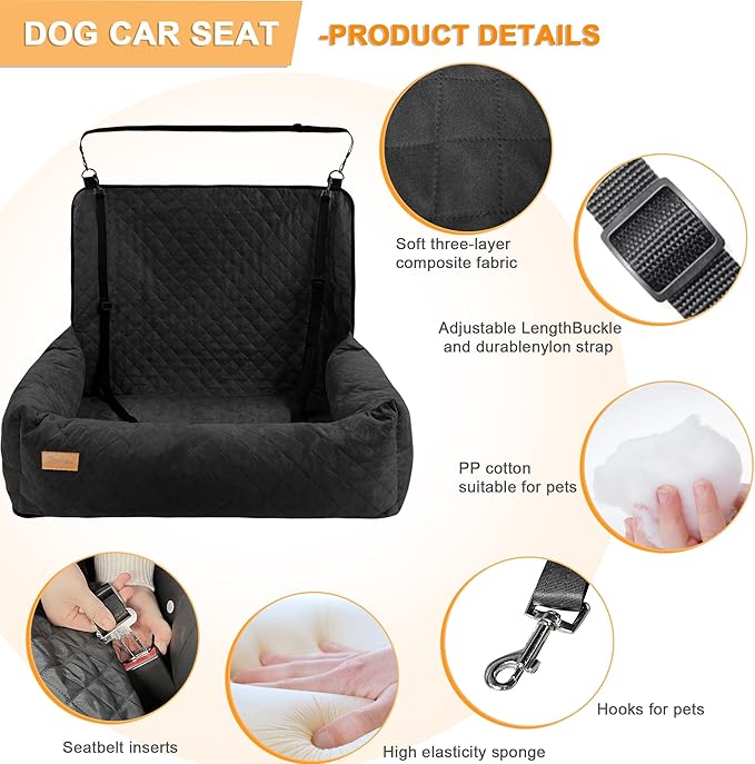 Dog Car Seat Pet Booster Car Seat for Mid/Large Dogs, Dog Car Seat is Safe and Comfortable, and can be Disassembled for Easy Cleaning, Comfy Ultra Soft Car Travel Bed (Black Soft Medium Dog Car Seat)