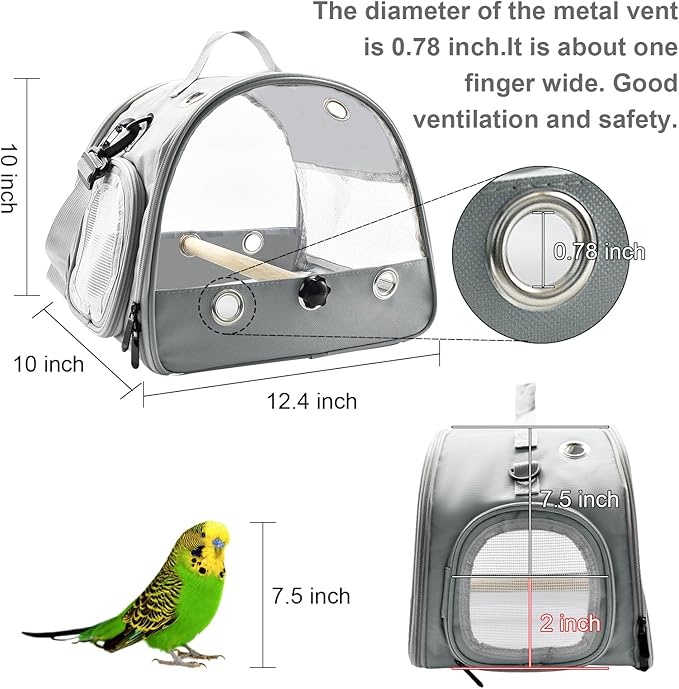 Bird Travel Carrier with Standing Perch,Lightweight Breathable Parrot Cage, Small Pet Carrier Bag with Shoulder Strap,Bird Rat Guinea Pig Squirrel Carrier (Grey)