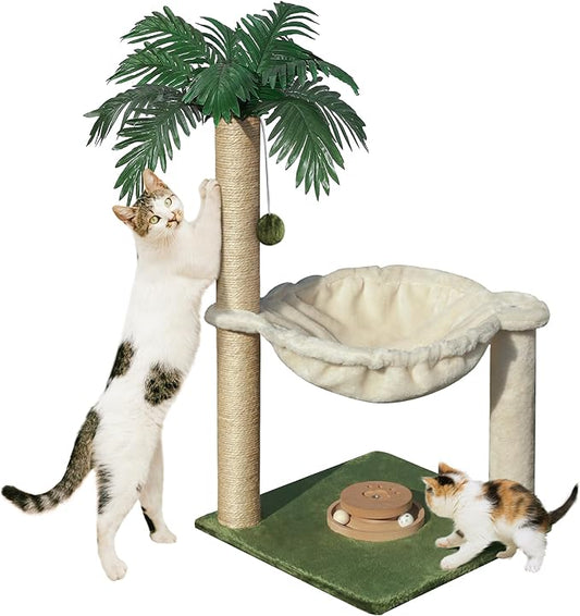 Cat Scratching Post for Indoor Cats 30 Inches Large Square Cat Scratcher with Hammock Cats Wooden Interactive Trackball Toy for Kitten and Adults Cats