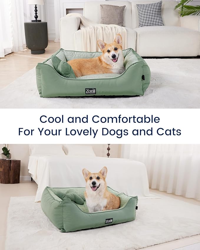 ZonLi Cooling Dog Bed, Dog Bed for Large Dogs, Dog Cooling Bed with Bolsters Waterproof, for Dogs Up to 40 lbs, Pet Bed with Washable Cover, Non-Slip Bottom, without Gel, Mint Green