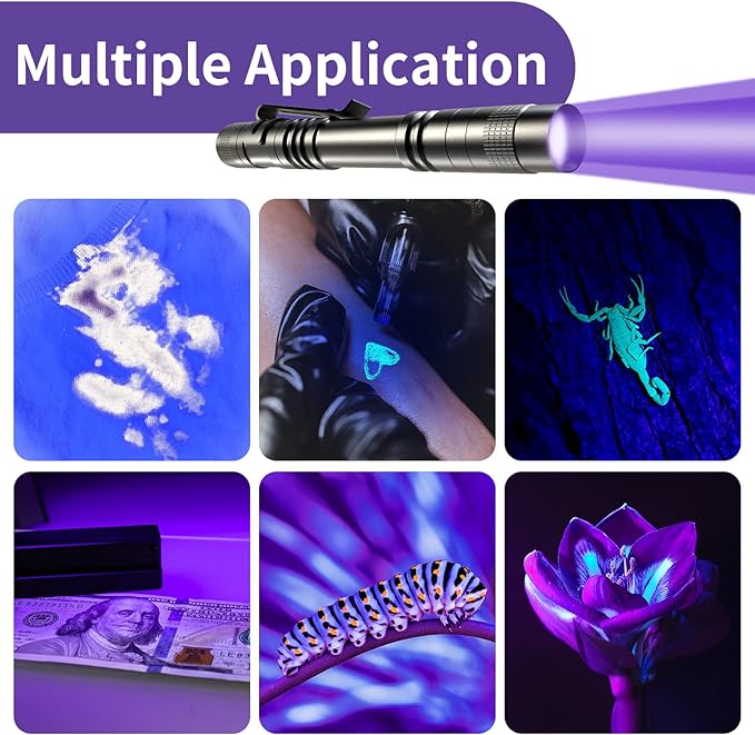 COSOOS 2 UV Black Light Flashlight, 2 Pack 395nm Mini Pen Light with Clip, Waterproof Ultraviolet Flashlight for Leak, Pet Urine, Scorpion, Hotel Inspection, Dry Stain and Bed Bug.