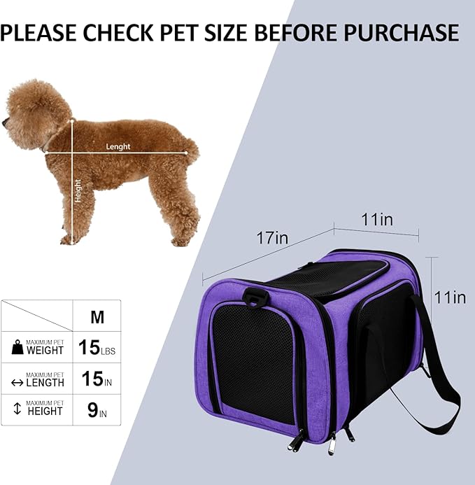 Henkelion Pet Carrier for Small Medium Cats Dogs Puppies up to 15 Lbs, Airline Approved Small Dog Carrier Soft Sided, Collapsible Travel Puppy Carrier - Purple