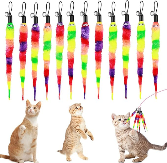 Cat Toys Worms,12pcs Cat Rainbow Worm Toy Refills Funny Interactive Colorful Fluffy Worms with Bells Cats Chaser Toys Kittens Wand Replacement Toys Refill for Indoor Training Accessories