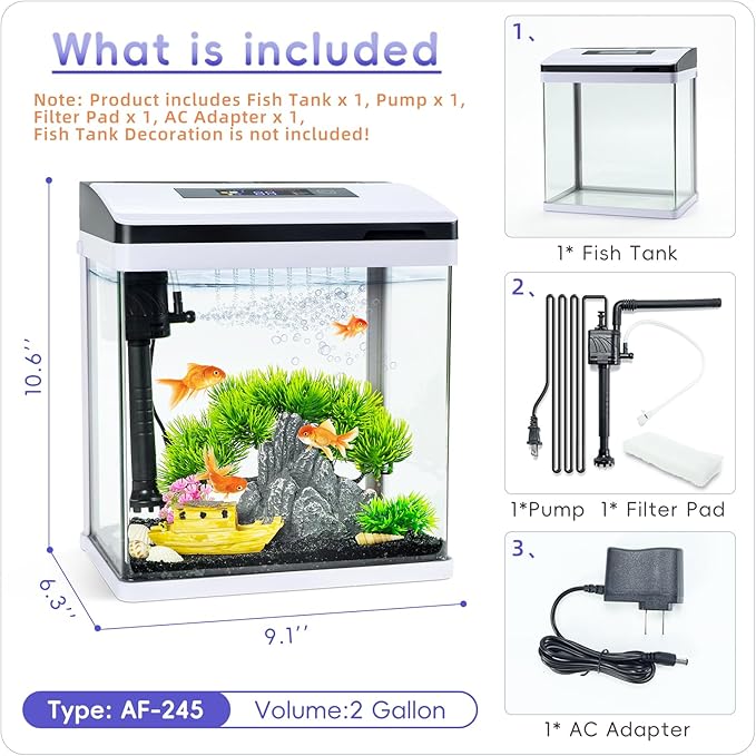 2 Gallon Glass Aquarium Fish Tank Starter Kit with Temperature for Betta Fish Featuring Crystal Clear 360° Viewing, Eco-Cycle Filtration, Air Pump