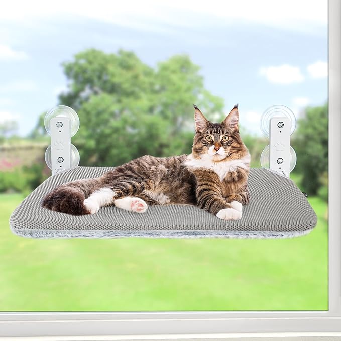 Sunhoo Cat Window Hammock Perch Cordless Perches Window Sill Seat Bed Foldable Stable Lounger Upgraded Suction Cup Easy Assembly Indoor Cats Kitty Shelf Hold Up to 55lbs (light gray, M)