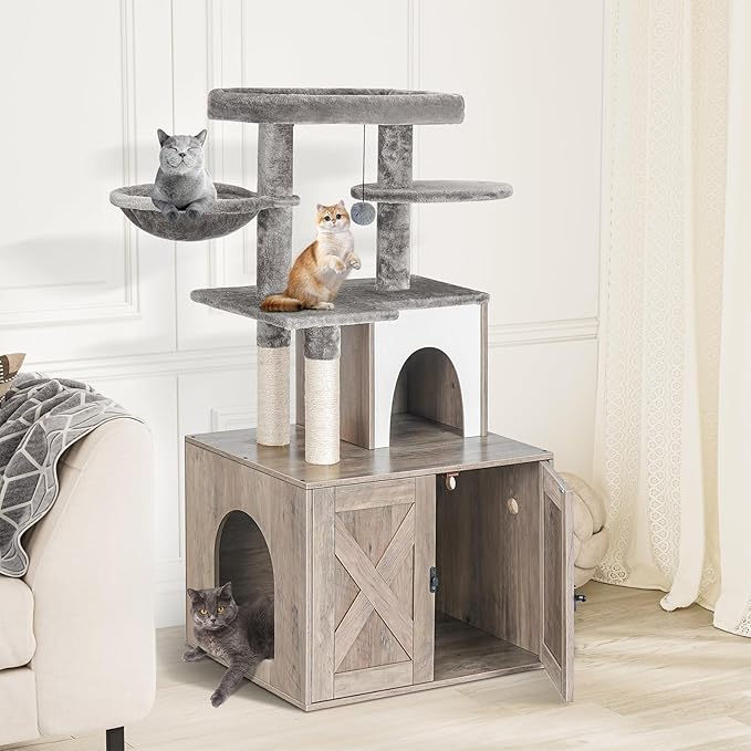 Snughome Cat Litter Box Enclosure with Cat Tree Tower and Condo, Hidden Cat Washroom Furniture with Sisal Scratching Post and Soft Plush Perch, Wooden Cat Furniture with Multiple Platforms, Grey