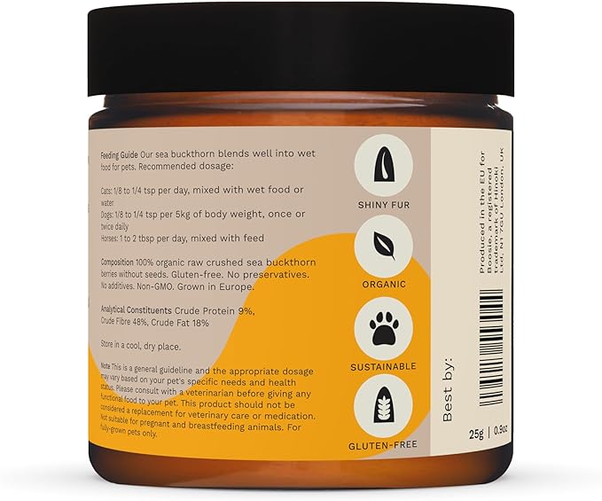 Boosie Organic Sea Buckthorn Powder for Dogs and Cats - Supports Healthy Coat and Skin - Antioxidant - 100% Natural Without Additives or Preservatives - Pet Nutrition