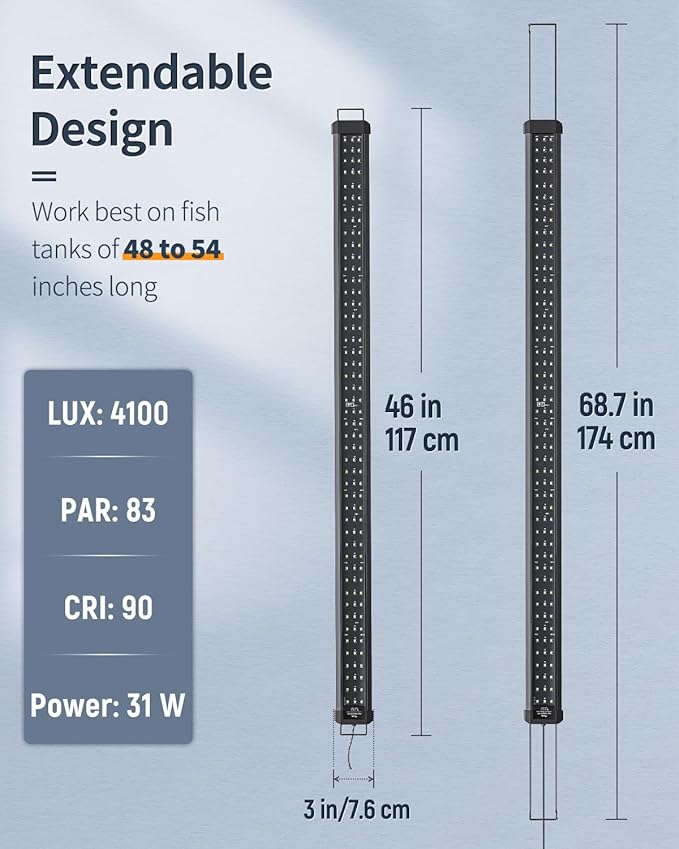Pawfly 31W Aquarium LED Light for 48 to 54 Inch Fish Tanks Extendable Fish Tank Light with Full Spectrum Brilliant White Blue Red Lights with Daytime & Night Modes and Adjustable Brightness