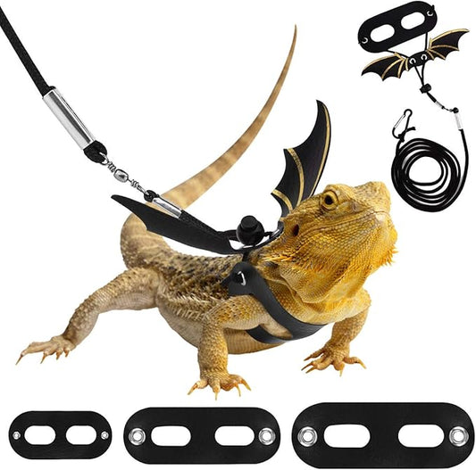 Pawaboo Adjustable Bearded Dragon Harness and Leash, 3 Size Leather Reptile Leash Outdoor Harness Leash with Bat Wings for Lizard Reptiles Amphibians Small Pet, Small/Medium/Large, Black+Gold