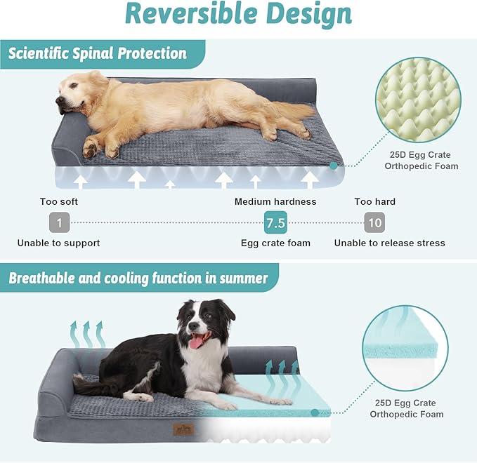 Orthopedic Dog Bed for Large Sized Dogs,Waterproof Dog Sofa Beds L Size, Supportive Foam Pet Couch Bed with Removable Washable Cover,Waterproof Lining and Nonskid Bottom,Grey(L-Shaped)