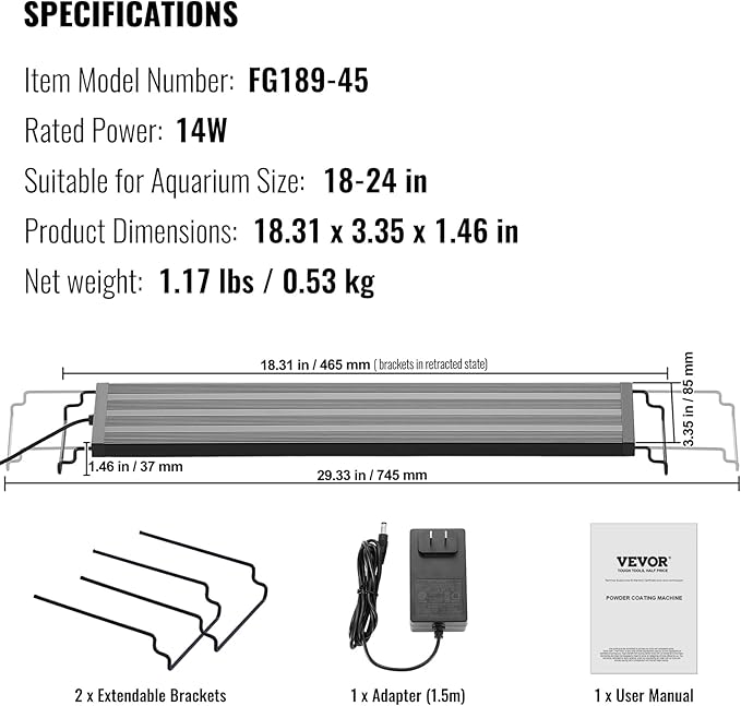 VEVOR Aquarium Light, 14W Full Spectrum Fish Tank Light with 5 Levels Adjustable Brightness, Adjustable Timer and Power-Off Memory, with ABS Shell Extendable Brackets for 18"-24" Freshwater Fish Tank