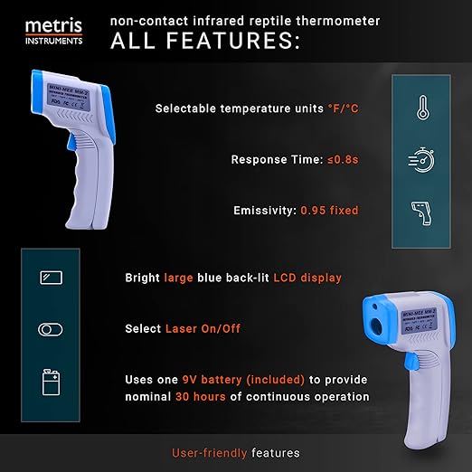 Metris Digital Non Contact Infrared Laser Thermometer Temp Gun for Aquarium Fish Tank, Reptile, Snake, Bearded Dragon, Terrarium Accessories, Handheld, Mini-Mee MMM-2