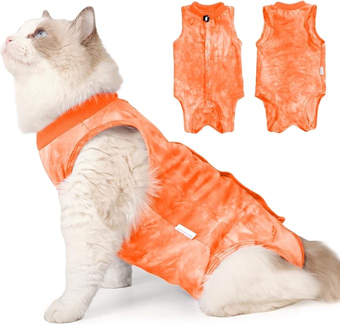 Cat Recovery Suit for Male and Female Surgical Post Surgery Soft Cone Onesie Tie Dye Cats Shirt Clothes Neuter Licking Protective Diapers Outfit Cover Kitten Spay Collar Alternative(Orange, L)