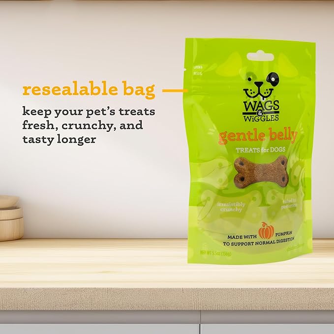 Wags & Wiggles Gentle Belly Functional Treats for Dogs, Chicken Flavor, Resealable Bag| Digestive Support | Pumpkin Dog Treats for Dogs with Sensitive Bellies, 5.5 Ounce - 4 Pack