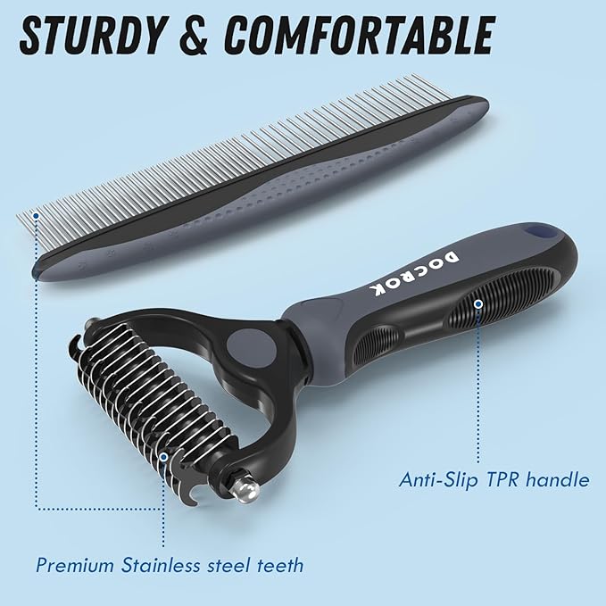 Pet Grooming Brush and Metal Comb Combo, Cat Brush Dog Brush for Shedding, Undercoat Rake for Dogs Grooming, Dematting Deshedding Brush Dogs Shedding Tool for Long matted Haired Pets, Gray