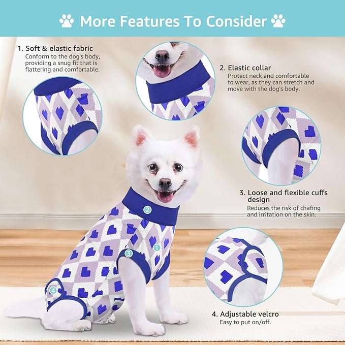 2 Packs Dog Recovery Suit Female Male, Blue Heart + Blue Heart, S