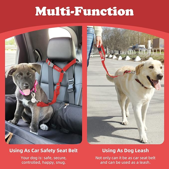 BWOGUE 2 Packs Dog Cat Safety Seat Belt Strap Car Headrest Restraint Adjustable Nylon Fabric Dog Restraints Vehicle Seatbelts Harness Red