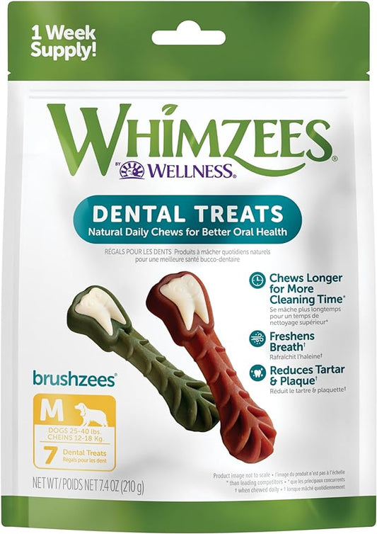 Whimzees Brushzees Dental Dog Treats for Medium Dogs (25-40 lbs), Bag of 7 Chews, Vegetable