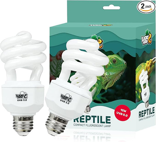 LUCKY HERP 2 Pack UVA UVB Reptile Light, 15W 5.0 UVB Bulb for Tropical and Sub Tropical Reptiles, Compact Fluorescent Terrarium Lamp, Reptile UVB Bulb for Chameleons, Lizard, Turtle